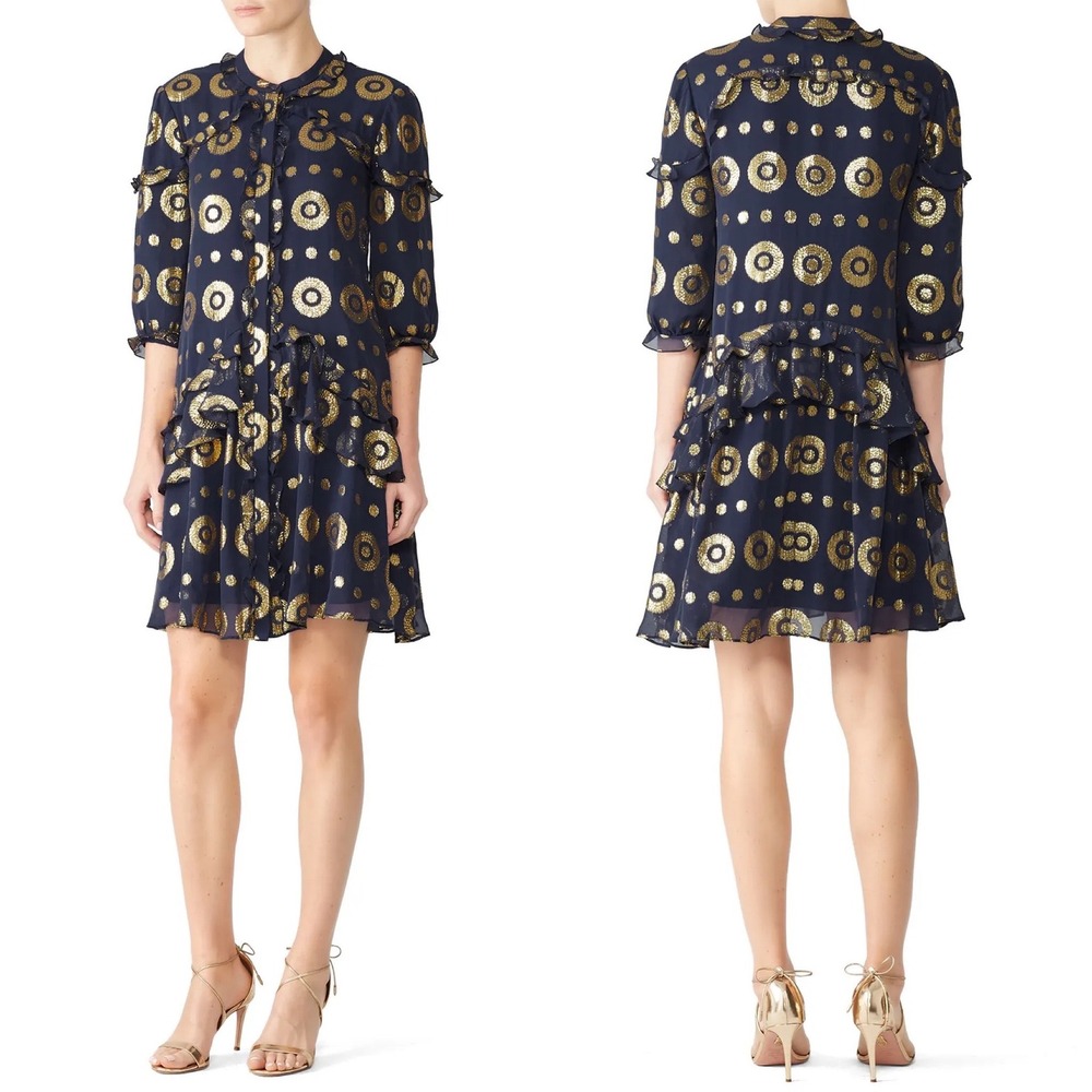 Saloni Tilly Ruffle Dress Sz 4 Navy Blue Metallic Gold Silk Medallion Chic Sexy